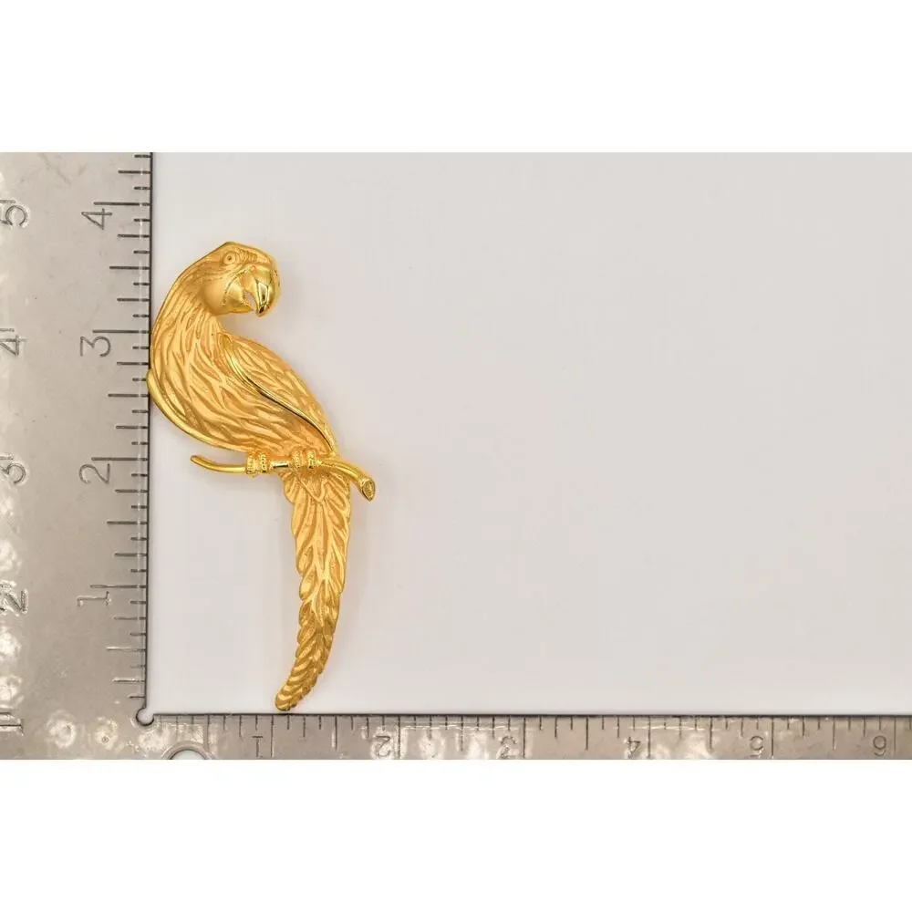 JJ Vintage Parrot Bird Pin Brooch Brushed Gold Chunky Signed NOS 1980s BinBK
